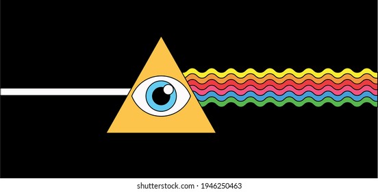 Surreal cartoon-style illustration with a triangular dispersive optical prism scattering light into the spectral components of the colors of the rainbow. 