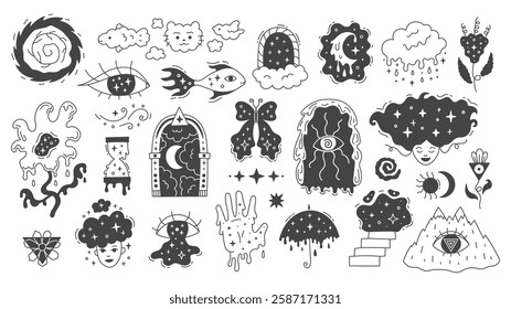 Surreal Celestial Illustrations Set. Hand drawn vector Fantastic Futuristic vector symbols collection with portal arch star crescent night sky texture and melting wavy shapes