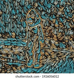 Carácter surrealista caminando en medio de un ambiente psicodélico. Ilustración del vector