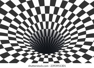 Surreal Checkered Tunnel Optical Illusion. Nostalgic Background in Trendy Style. Vector Illustration.