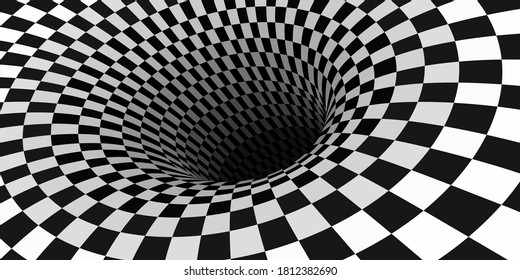 Surreal chess background and hole. optical illusion, vector illustration