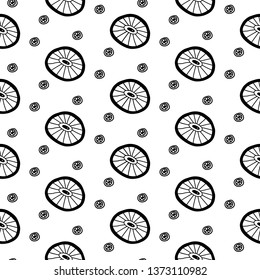 Surreal citrus looks like a microbe seamless pattern in vector illustration. Summer and spring design. Abstract objects with eyes