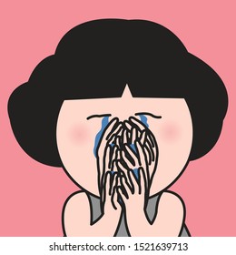 Surreal Closeup Shot Of A Girl In Despair Crying With Multiple Hands Covering Her Face In Tears Concept Card Character illustration