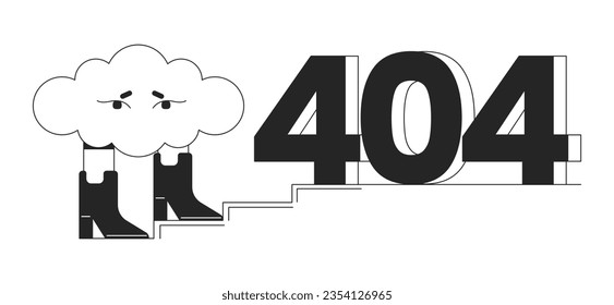 Surreal cloud in boots with obstacle on stairs black white error 404 flash message. Monochrome empty state ui design. Page not found popup cartoon image. Vector flat outline illustration concept