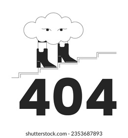 Surreal cloud walking in boots black white error 404 flash message. Cumulus stairs climb. Monochrome empty state ui design. Page not found popup cartoon image. Vector flat outline illustration concept