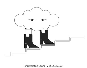 Surreal cloud walking in boots bw concept vector spot illustration. Cumulus 2D cartoon flat line monochromatic character for web UI design. Dream hallucination editable isolated outline hero image