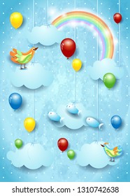 Surreal cloudscape with balloons, birds and flying fisches. Vector illustration eps10