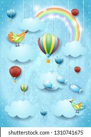 Surreal cloudscape with hot air balloons, birds and flying fisches. Vector illustration eps10