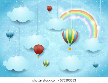 Surreal cloudscape with hot air balloons and rainbow, vector illustration 