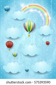 Surreal cloudscape with hot air balloons and rainbow. Vector illustration 