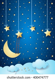 Surreal cloudscape with moon, stars and ladder. Vector illustration 