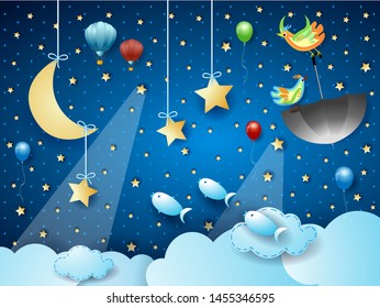 Surreal cloudscape with spotlights, flying umbrella and fishes. Vector illustration eps10