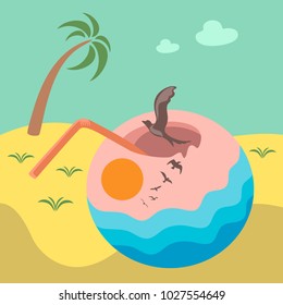 Surreal coconut with drinking straw.Sea waves,gulls and sun within the stylized fruit.Flat design seapiece image with sand and palm tree.