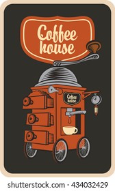 surreal coffee grinder with cup on wheels in a retro style