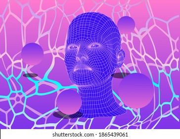 Surreal collage with 3d low poly human head and neon spheres. Illustration in retrofuturistic style of 80's-90's years, vaporwave and seapunk aesthetics.