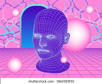 Surreal collage with 3d low poly human head and neon spheres. Illustration in retrofuturistic style of 80's-90's years, vaporwave and seapunk aesthetics.