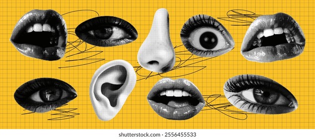 Surreal collage of facial features eyes, nose, mouth. Halftone Texture. Vector.