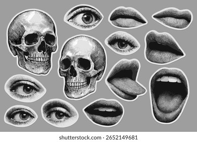 Uma colagem surreal com crânios humanos, olhos e lábios em um estilo vintage de meio-tom. Esta obra de arte ousada combina elementos anatômicos com uma estética escura, perfeita para temas góticos ou de Halloween.