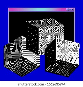 Surreal collage in pixel art style with console window and 3d cube. Vaporwave and retrowave aesthetics.