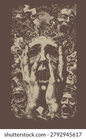 Surreal collage of screaming faces and skulls in dark composition