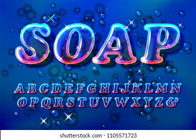 Surreal color soap bubble glass alphabet font with transparency and shadows. 3D bulb isolated letters