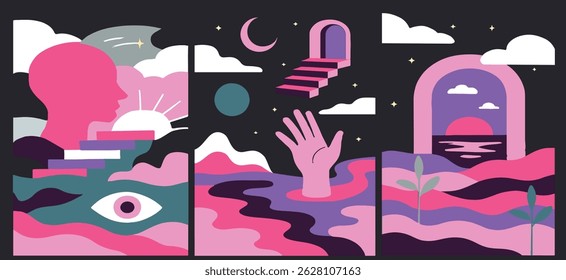 Surreal colorful illustration featuring a head, hand, eye, portals, and a fantasy landscape. Modern abstract style perfect for digital art, posters, and other creative designs.
