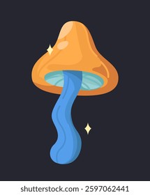 A surreal colorful mushroom with a fluid, wavy blue stem and an orange cap, glowing sparkles around it on a dark background. Psychedelic and fantasy concept. Flat cartoon vector illustration