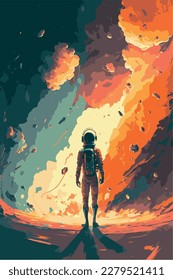 Surreal colorful space. Vector art of fantasy astronaut in space. Science fiction concept art. Silhouette lost in the galaxy. Outer planet. Magical alien world. Poster painting of nebula spaceship.