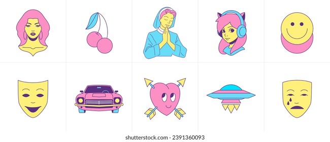 Surreal comic emoji psychedelic funky cartoon characters and elements groovy icon set vector flat illustration. Trendy funny symbols woman cherry nun music smiley mask retro car heart alien spaceship