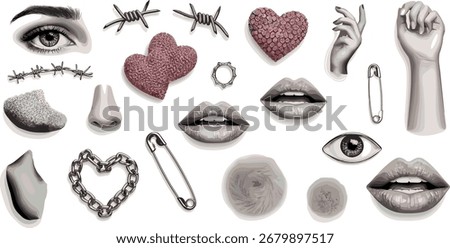 Surreal Composition Artistic Assemblage of Eyes, Hearts, Lips, and Symbolic Elements