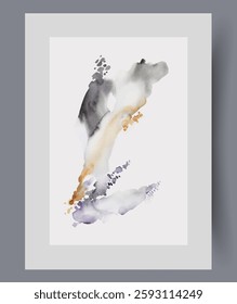 Surreal composition with multi-colored spots on abstract wall art. Watercolor print. Artwork with surrealistic brush strokes created in minimalist style, in frame with decor for poster