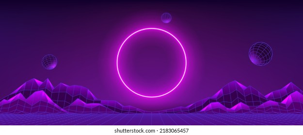 Surreal concept of technology metaverse. Concept of virtual digital reality. Simulation of network futuristic world or metaverse. 3d vector illustration with neon circle. Innovation global technology.