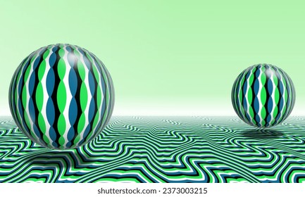 Surrealer Kopienraum mit gemusterten Sphären über der Oberfläche, der die optische Täuschung der Bewegung erzeugt. Futuristischer Hintergrund für Banner, Poster, Flyer oder Seite.