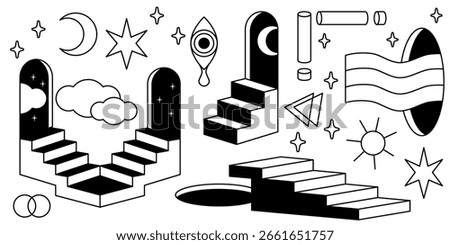 Surreal cosmic elements with mystical door portals - archways, floating stairs, clouds and stars, crescent moon, geometric shapes and rainbow waves, eye with tear drop symbol for dreamlike design