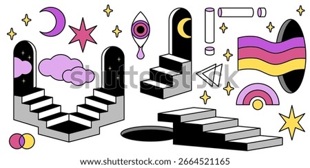 Surreal cosmic elements with mystical door portals - archways, floating stairs, purple clouds and pink star, yellow crescent moon, geometric shapes and rainbow waves, eye symbol for dreamlike design