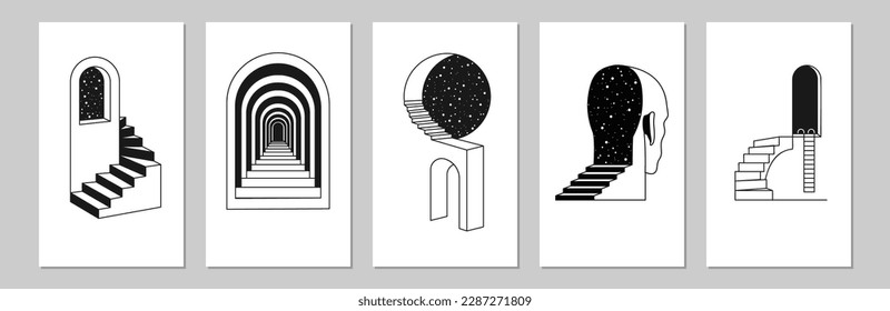 Surreal cover design, infinity posters. Line stairs and ladders sculpture elements, arch and doors monochrome universe. Minimal design cards. Geometric figures vector abstract modern banners