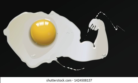 Surreal cracked chicken egg with arm flexed biceps muscles. Alternative breakfest. Lets have a snack flexed biceps. Fried egg. Another view of the healthy lunch. Modern design. Contemporary art. 