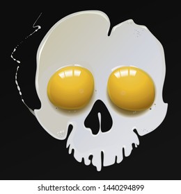 Surreal cracked chicken egg in the shape of a skull. Alternative breakfast. Lets have a snack with cholesterol. Fried egg. Another view of the healthy lunch. Modern design. Contemporary art