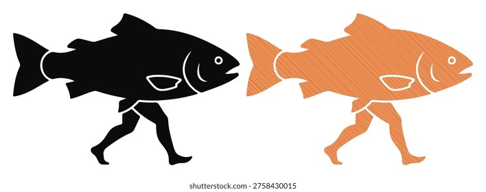 Surreal creature, fish body with legs, bizarre concept, oddity art, walking forward