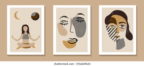 Surreal Cubism face. Set of Woman's Face continuous Line art. Abstract Contemporary collage of geometric shapes in a modern trendy style. Vector Portrait of a female. For Beauty Concept, postcard, pos