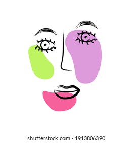 Surreal  Cubism face. Woman's Face continuous Line art. Abstract Contemporary collage of geometric shapes in a modern trendy style. Vector Portrait of a female. For Beauty Concept,  postcard, poster
