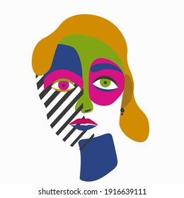 Surreal  Cubism face. Woman's Face continuous Line art. Abstract Contemporary collage of geometric shapes in a modern trendy style. Vector Portrait of a female.  t-Shirt Print, postcard, poster