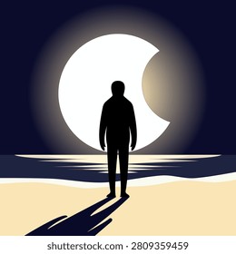 Surreal dark silhouette of a lonely man standing on a sandy beach looking at a giant glowing eclipsed moon over the night ocean.