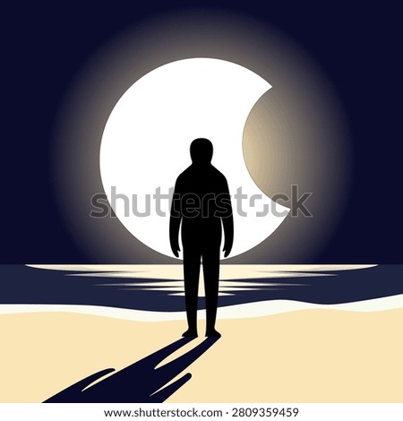 Surreal dark silhouette of a lonely man standing on a sandy beach looking at a giant glowing eclipsed moon over the night ocean.