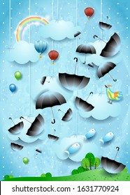 Surreal day with flying umbrellas and fishes. Vector illustration eps10