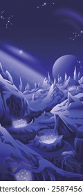 A surreal, deep blue-toned alien landscape under a starry night sky. The scene features jagged, crystalline formations with glowing elements, and a large moon or planet in the background. 