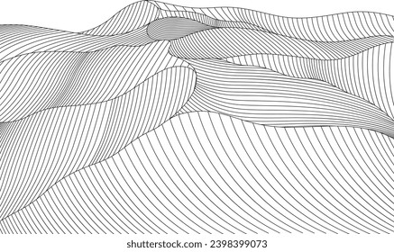 Surreal desert landscape. Abstract desert background hand drawn. Line with wavy lines.