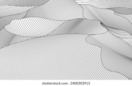 Surreal desert landscape. Abstract desert background hand drawn. Line with wavy lines.