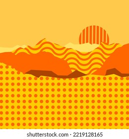 Surreal desert landscape, mountains and sun in bold yellow orange colors, pop comic style vector illustration