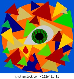Diseño surrealista de un ojo sangrante envuelto en arte triangular colorido